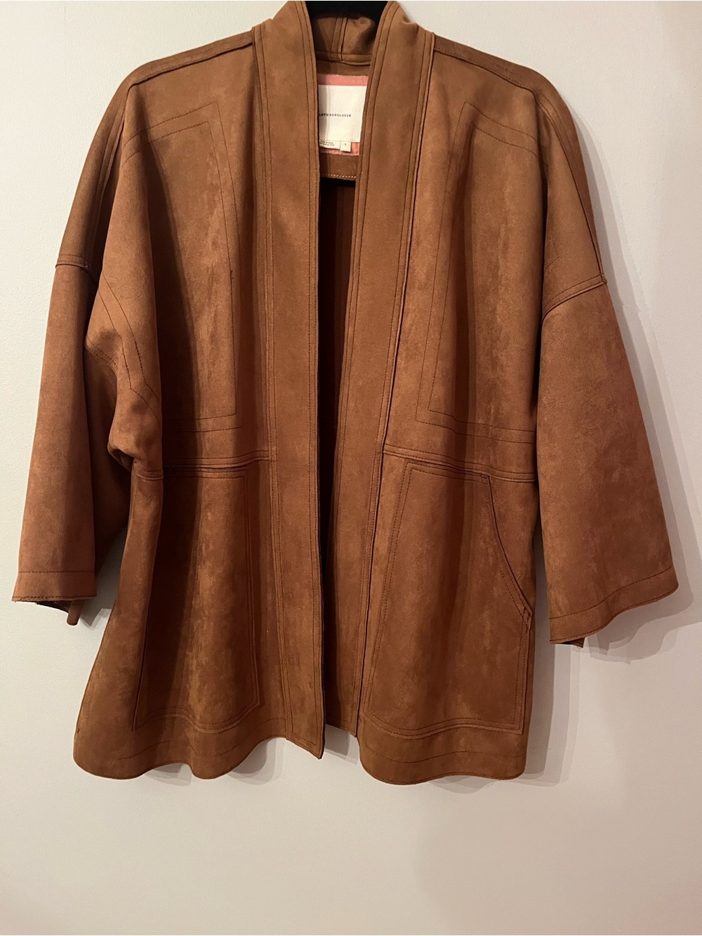 By Anthropologie Cognac Faux Suede Kimono Jacket - Size L - Picture 2 of 13
